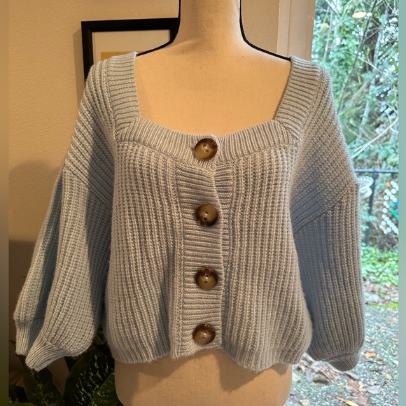 ASOS Design Light Blue Square Neck Volume Sleeve Button Front Sweater - Picture 4 of 7